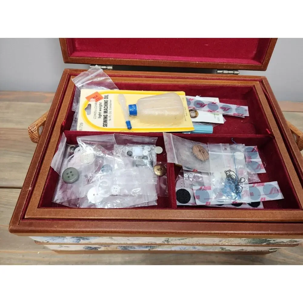 Vintage Oak Sewing Basket jewelry Hope box handmade Red Lining